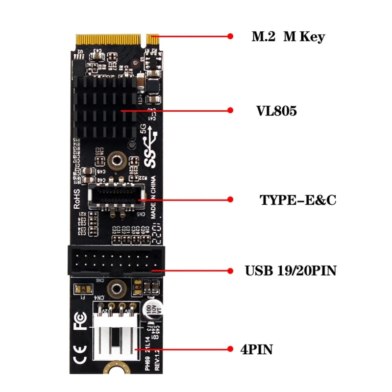 5Gbps Type-E 19pin USB 3.1 Front Panel Socket & USB 2.0 to NVME NGFF M-Key Express Card VL805 Adapter for Motherboard