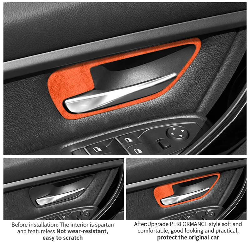 لسيارات BMW F30 F34 F36 باب السيارة مقبض داخلي إطار الكسوة ملصق مزخرفة مصنوع من الكانتارا اكسسوارات ضبط السيارات الداخلية 4 قطعة