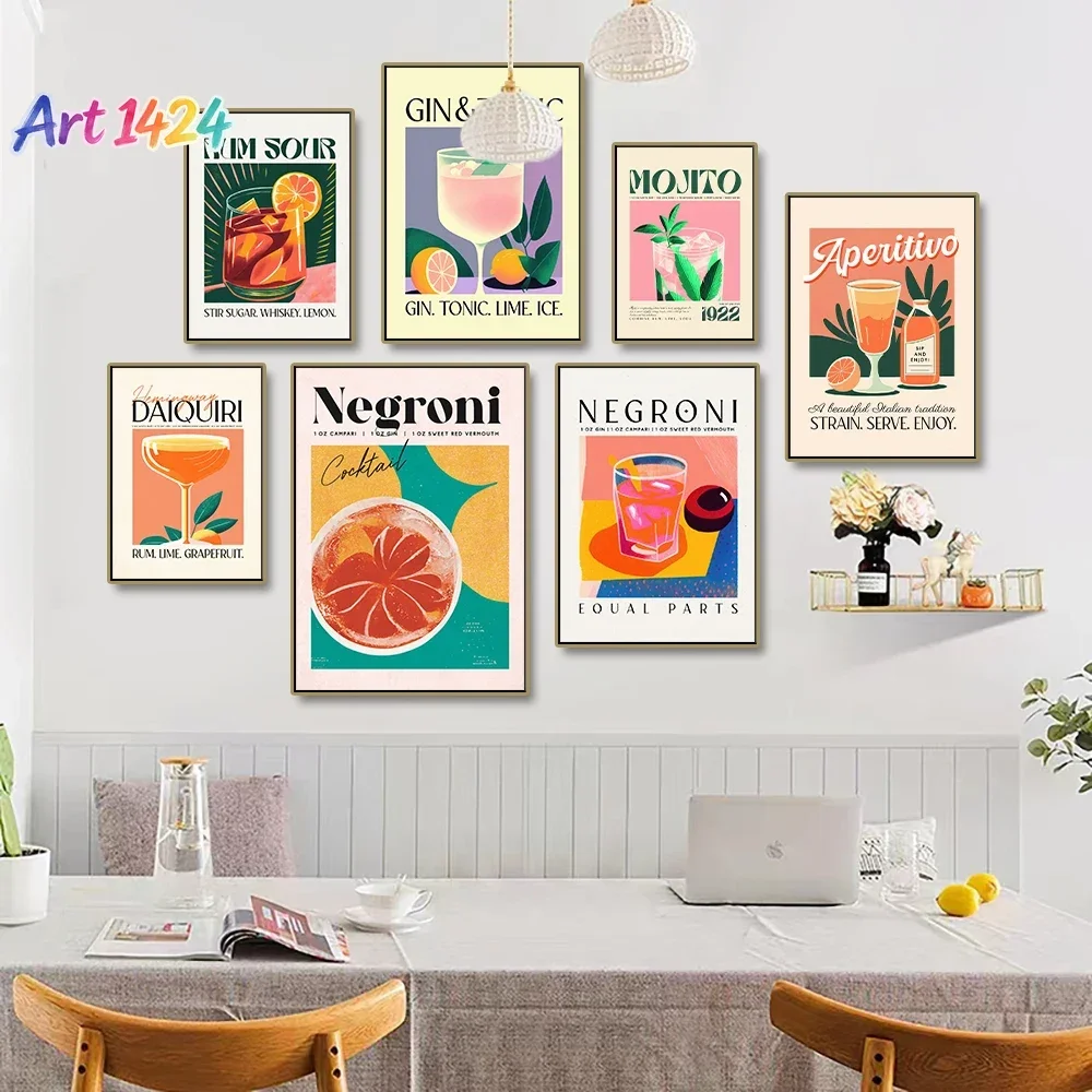 Cartoon Cocktail Drinks Negroni Daiquiri Posters Retro Mojito Canvas Prints Wall Art Painting Pictures Bar Kitchen Home Decor