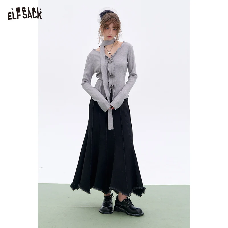 

ELFSACK 2025 Winter New Arrivals Casual Halloween Denim Raw Edge Asymmetric Hem Long Maxi Skirt For Woman