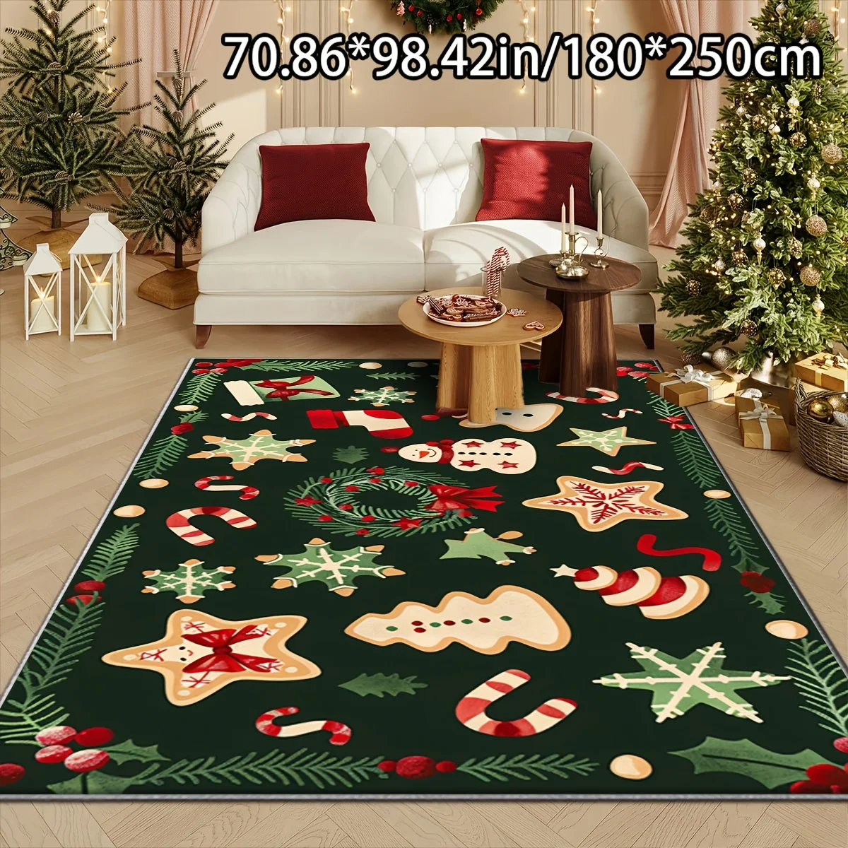 VIKAMA Christmas Gingerbread Man Rug Dark Green Xmas Cookie Candy Cane Print Non Slip Large Floor Mat Living Room Decor Carpet