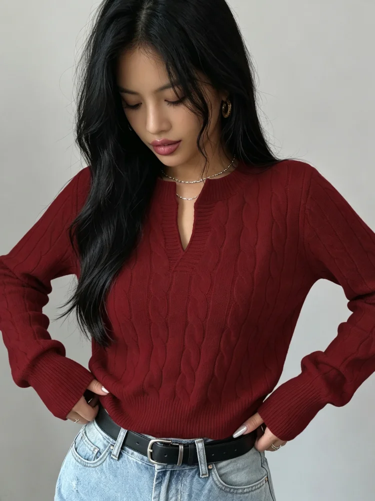Women Sweater Cable Knit Cropped Top Long Sleeve Ribbed Hem Slim Fit Burgundy Knitted Pullover for Fall Daily Casual