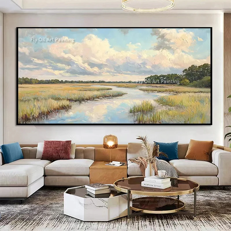 Modern Design Green Landscape Blue River Home Wall Art Items New Popular Grey Blue Boat View Oil Painting For Room Decor