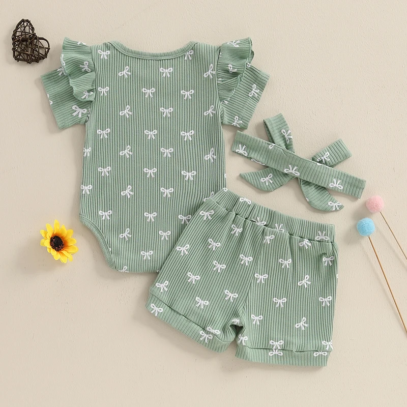 الرضع طفلة ملابس الصيف القوس طباعة قصيرة الأكمام رومبير + شورت الخصر المرن + عقال 3 قطع مجموعة