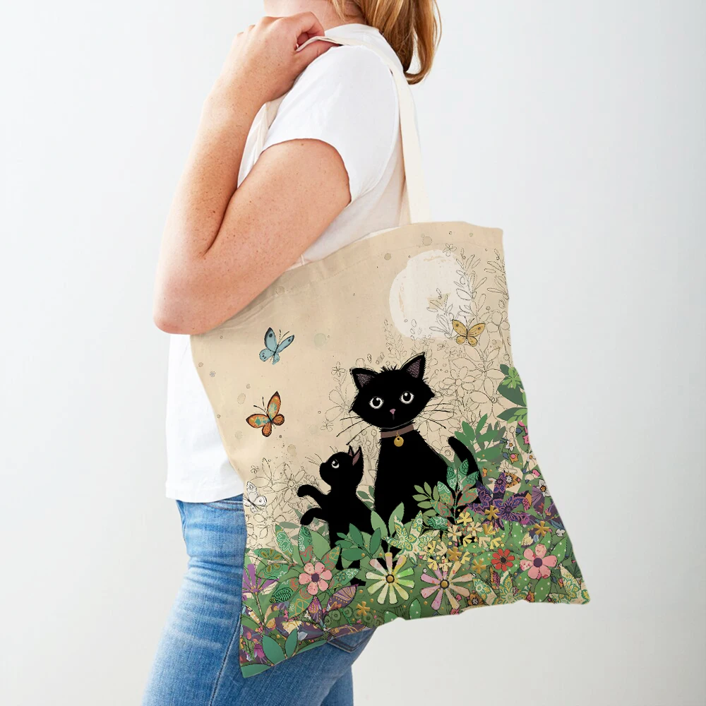 Both Sided Cute Elegant Black Cat Women Shopper Bags Tote Handbag Pet Animal Print Canvas Cloth Lady Shopping Shoulder Bag