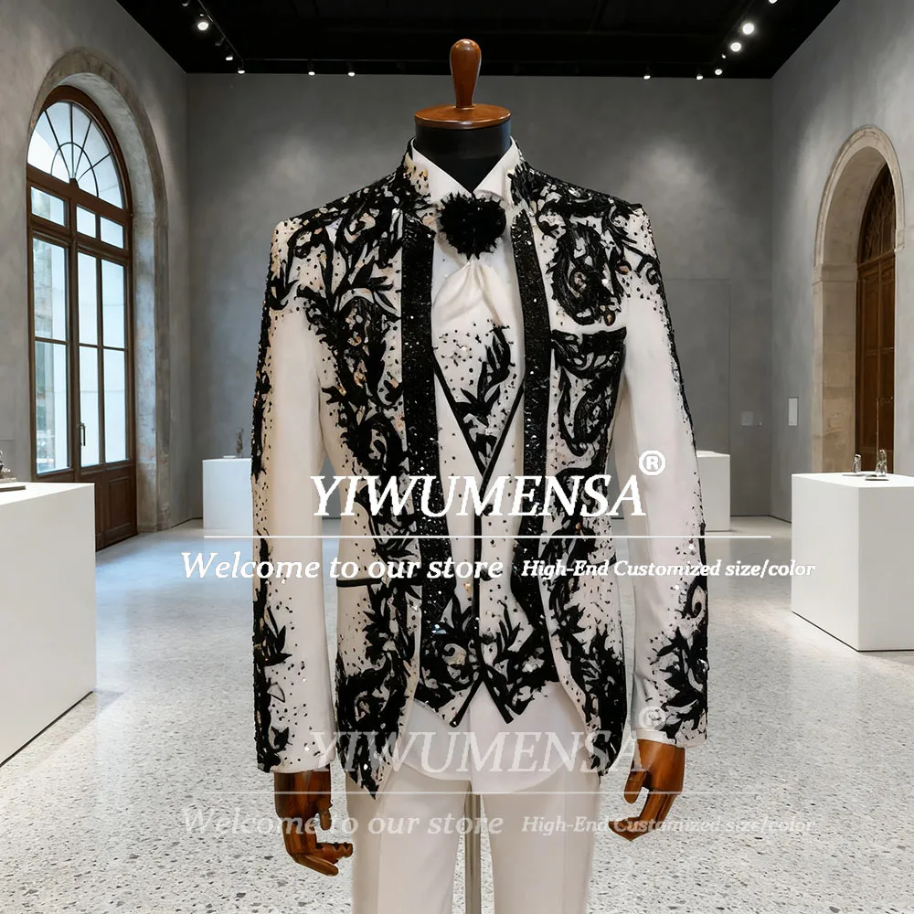 

Men's Black STONE Embroidered Tuxedo Suits Italian Designer Single Breasted Prom Blazers Customized 3 Pieces Set Groom Suits Man