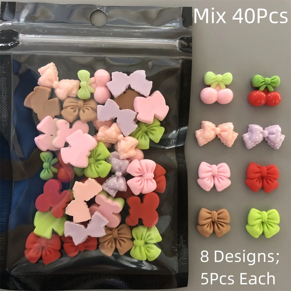 Sweet Cute Cartoon Cherry Red Green Brown Bow Resin Art Charms Decorations 3D Bowknot Diy Phone Case Hair Clip Accessories