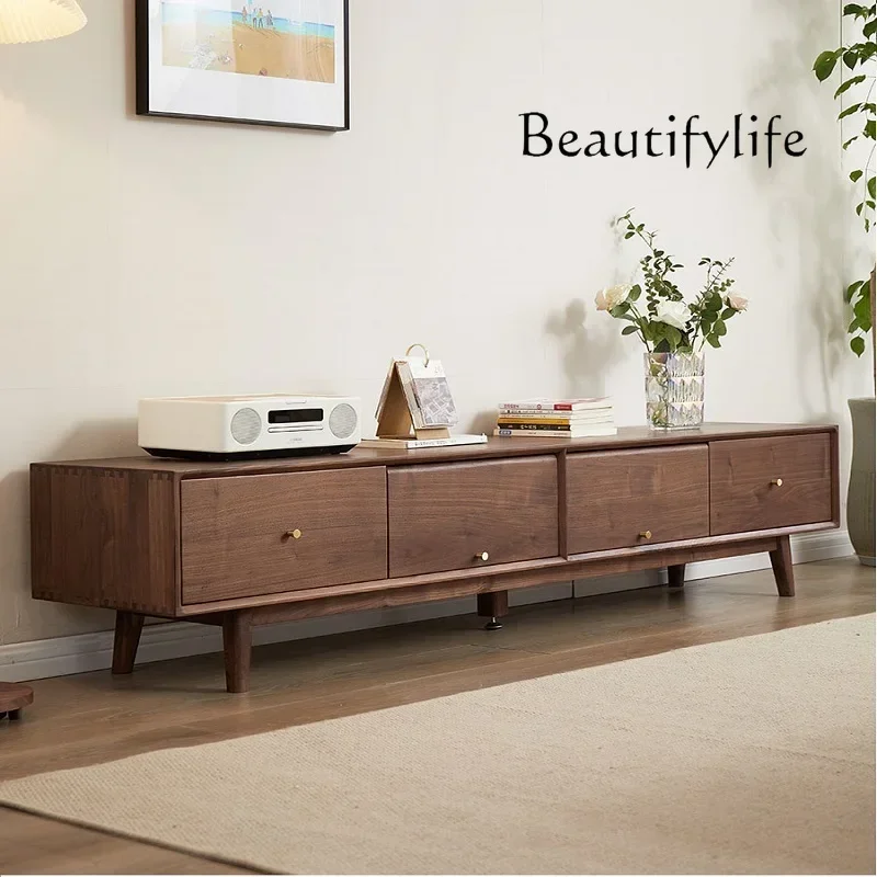 

N Solid wood TV cabinet Modern simple storage and storage integrated black walnut floor cabinet Small apartment customization