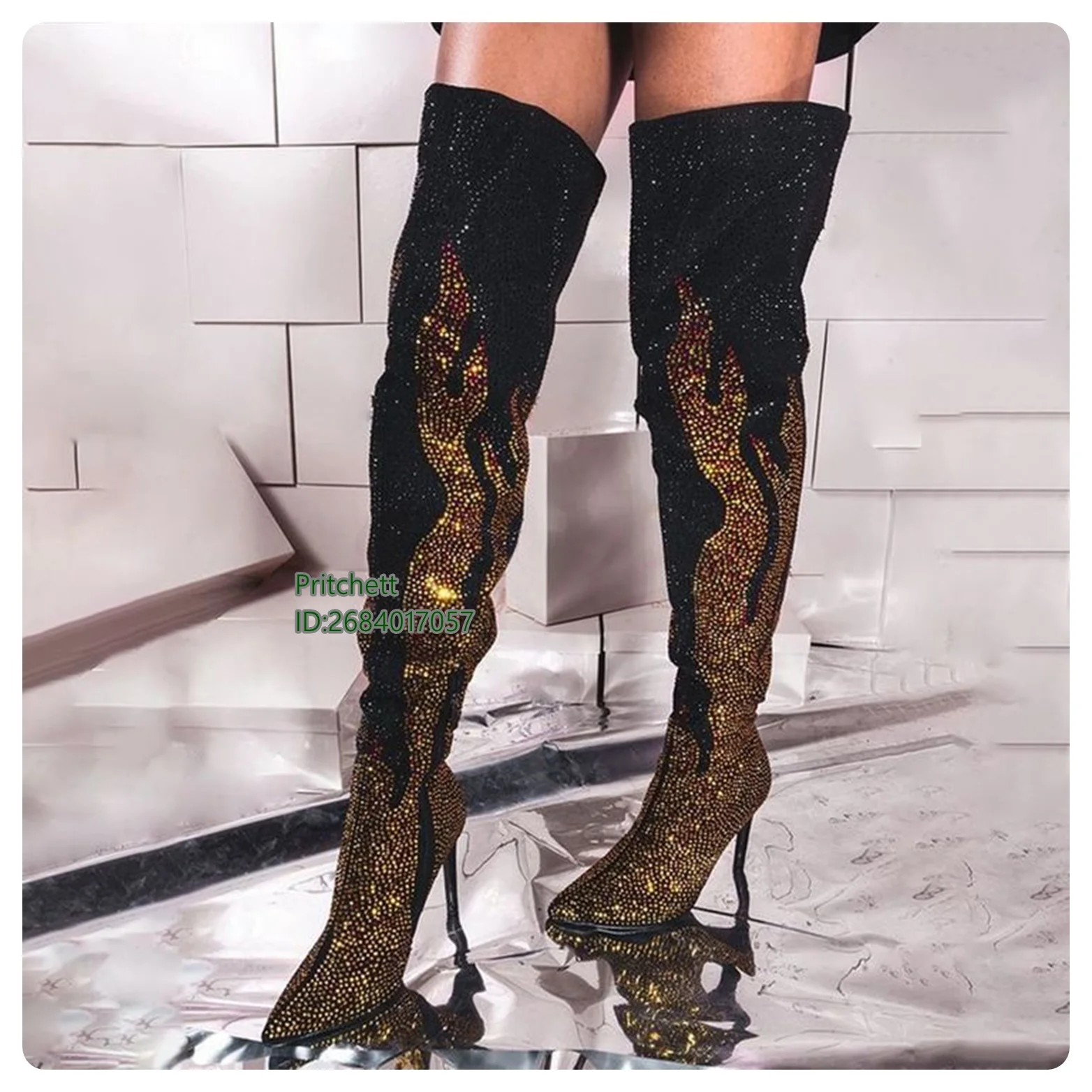 

Solid Color Flame Rhinestone Over-knee Stiletto Boots Thin High Heels Women Stilettos Pointed Toe Boots Autumn Winter 2024