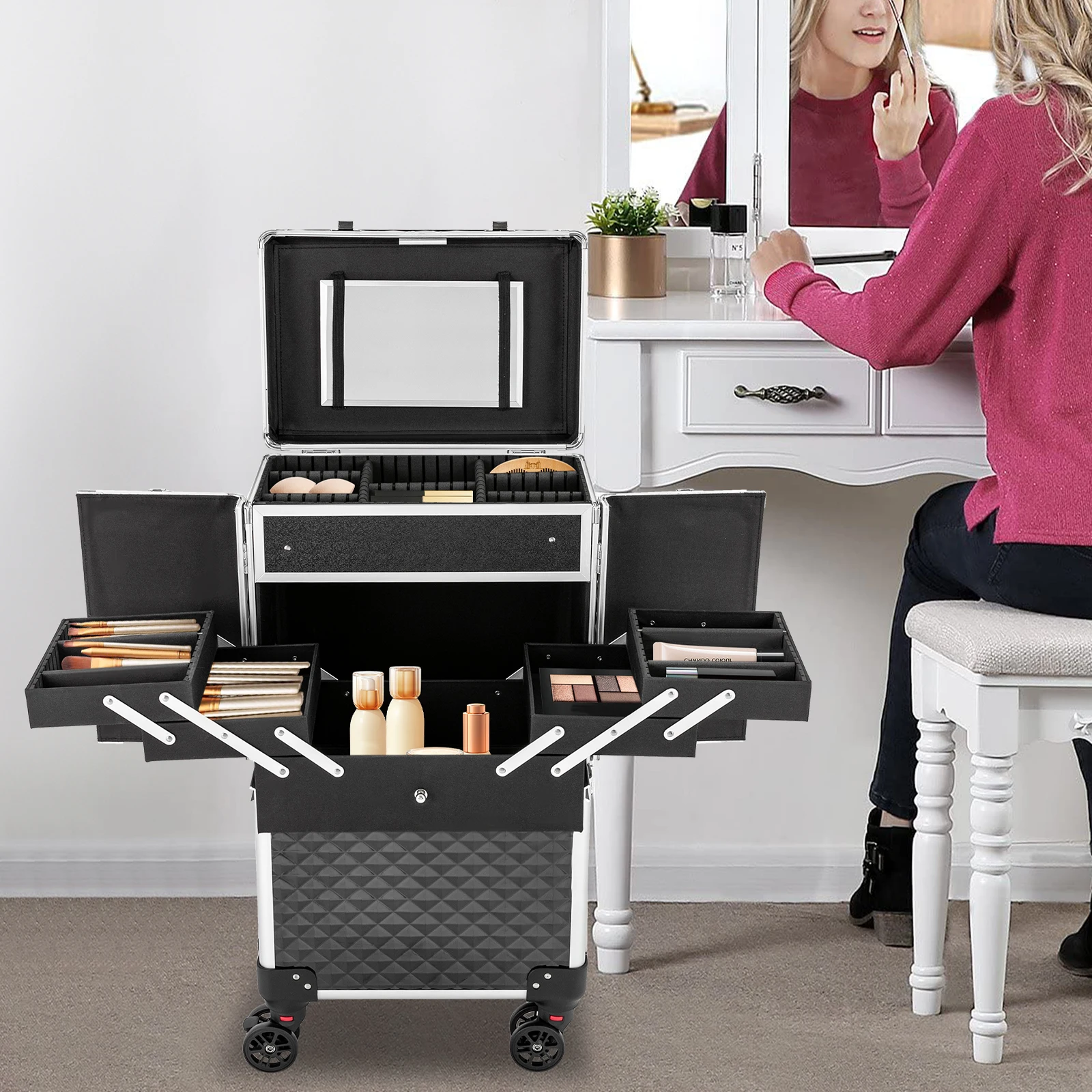 

Professional Makeup Artist Case, Multi-functional Cosmetic Case, Large Trolley Storage Case for Nail, Hair Stylists, Beauticians