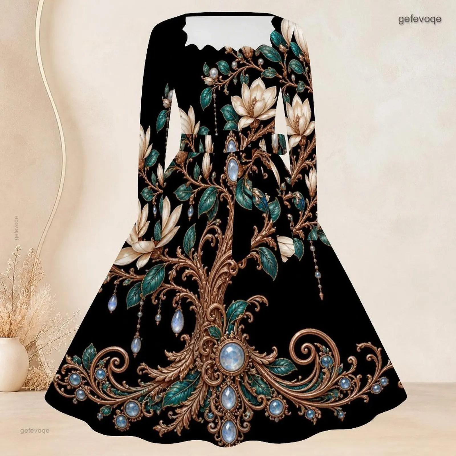 Women Square Neck Long Sleeve Tie Waist A Line Flared Hem Printed Dress