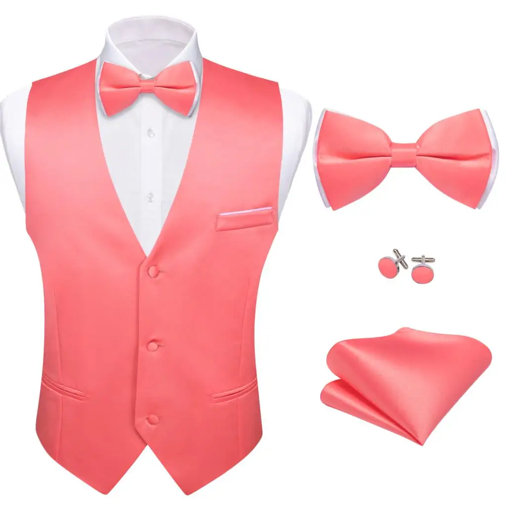 Silk Vest for Men Rose Red Solid Plain Wedding Party Waistcoat Bowtie Set Set Male Sleeveless Jacket Formal Casual Barry Wang