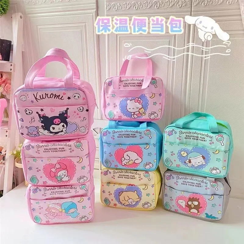 Sanrio My Melody Cinnamoroll Kuromi Purin Hello Kitty Cartoon Handbag Large Plaid Lunch Box Kawaii Multi-pocket Organizer Bag