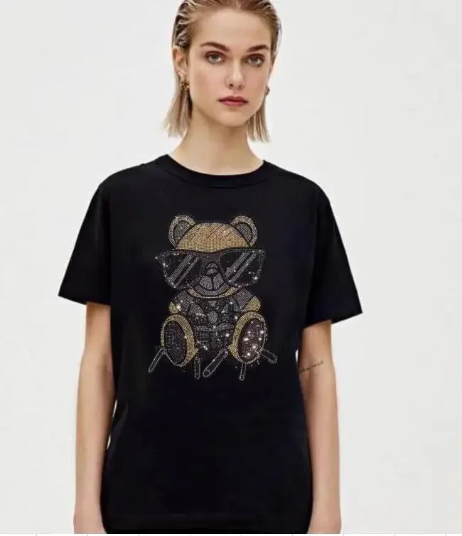2025 Summer Short Sleeve T Shirts Women Clothing Cartoon Bear Rhinestones 100% Cotton Fashion Streetwear O Neck Ladies Tshirt