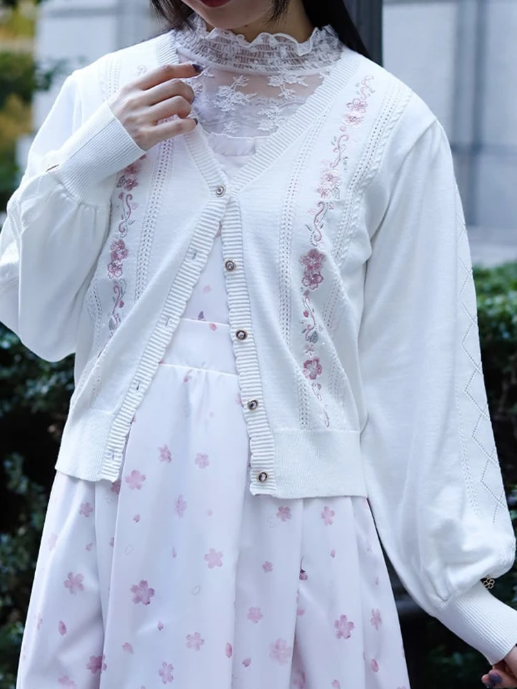 

Женский вязаный кардиган Ele Long Sve с вышивкой и цветочным принтом сакуры, на каждый день, теплый, повседневный, с открытым передом