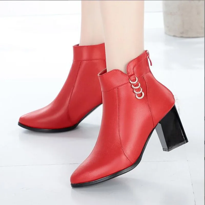 AIYUQI Women Ankle Boots 2024 New GenuineLeather Women\'s Fashion Boots red Pointed Rhinestone High-heeled Winter Wedding Boot