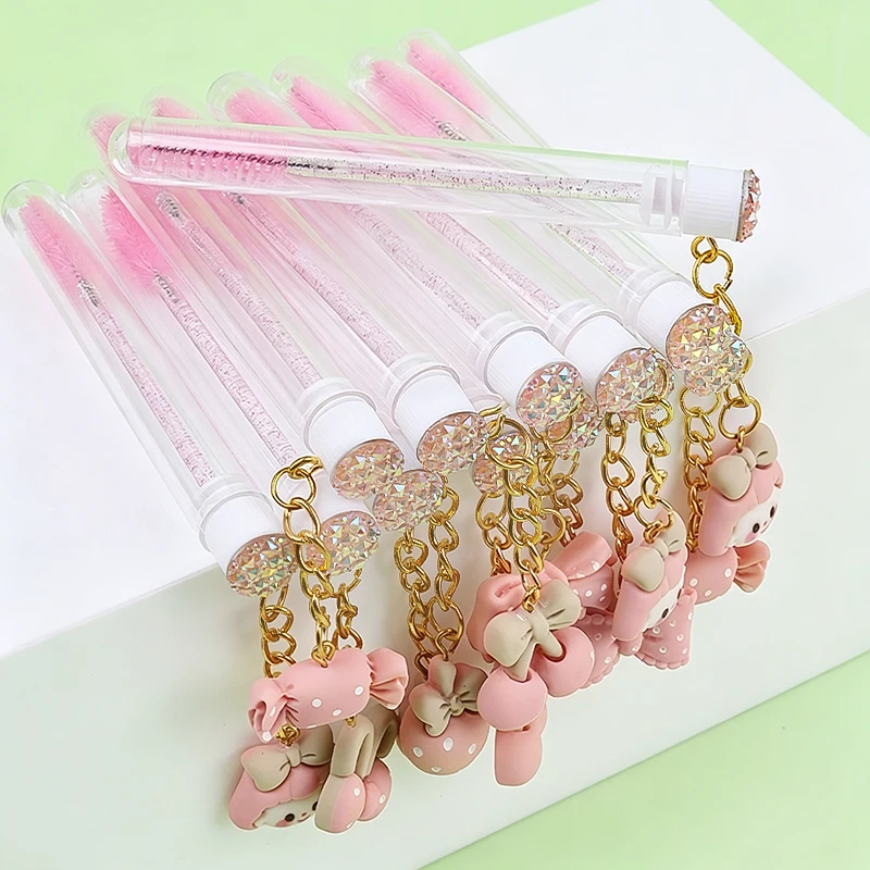 5pcs Pink Tube Eyelash Makeup Brush With Gold Keychain And Bowknot Pendant Lash Lifting Brushes For Lashes Extension Beauty Tool