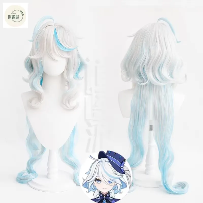 Furina cosplay peruca jogo genshin impacto 100cm azul branco resistente ao calor cabelo sintético festa de halloween cosplay anime perucas + peruca boné