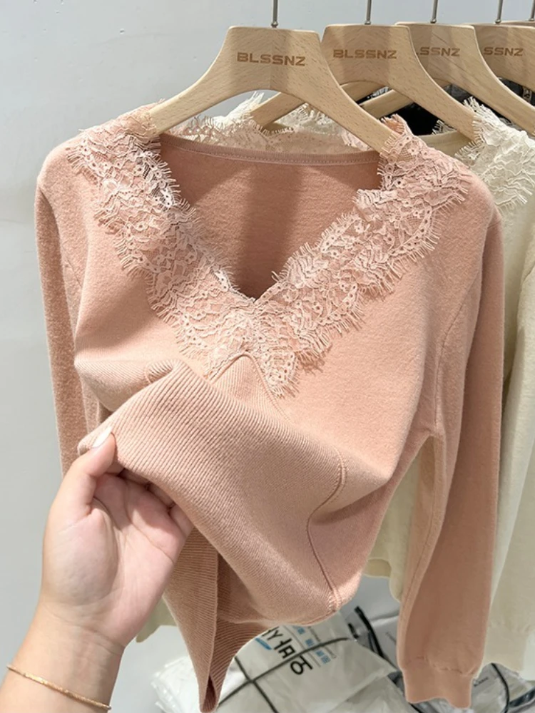 

Women Autumn Winter 2025 Fashion Thicken Jumper Basic Solid Patchwork Lace Knit Pullover Casual V-Neck Long Sleeve Sweater