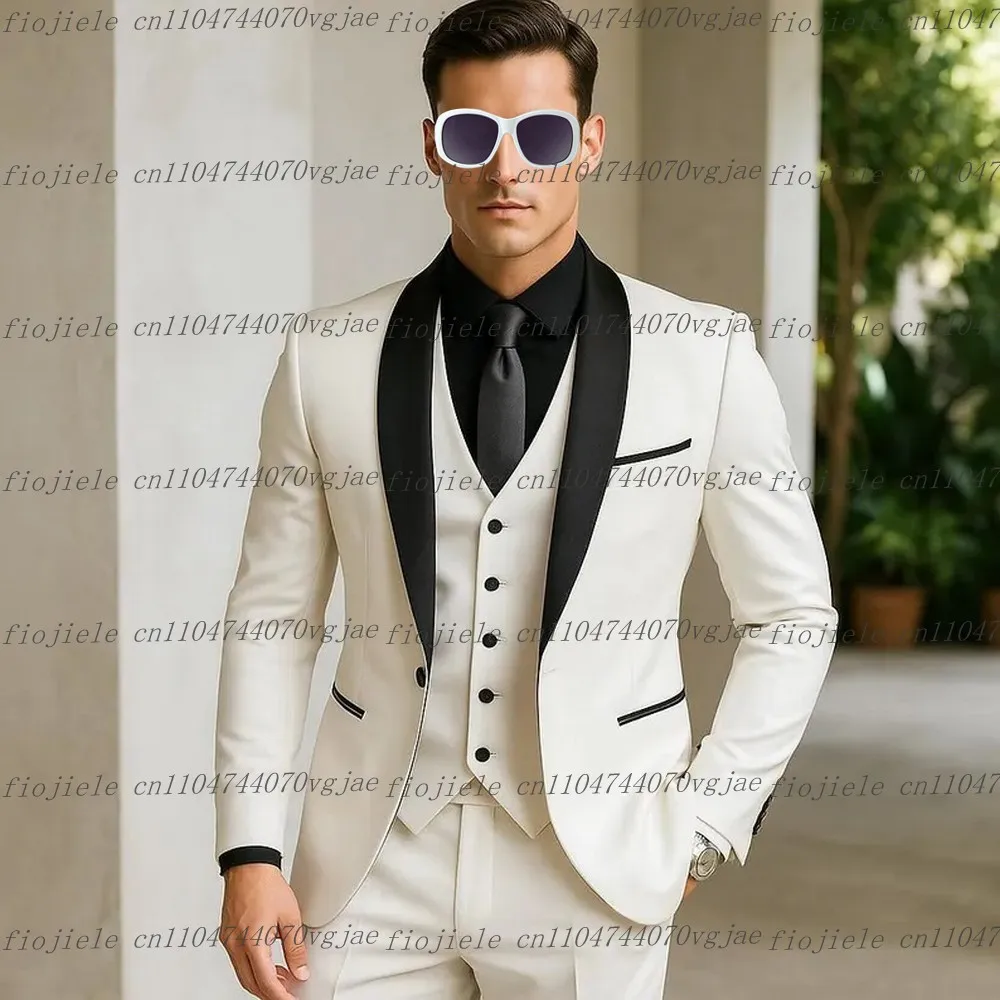 

Новый черный воротник, белый мужской костюм, официальная свадебная вечеринка, жених, жених, деловые мужские смокинги, комплект из 3 предметов, куртка, жилет, брюки