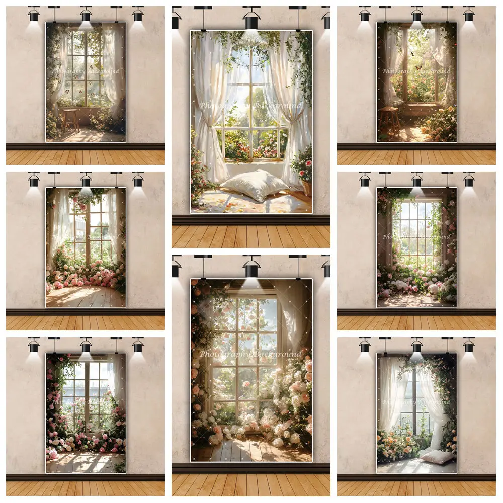 Frühling Schmetterling Blumen Hintergrund für Fotografie weißen Vorhang Fenster romantische Hochzeit Porträt Innen Hintergrund Photobooth