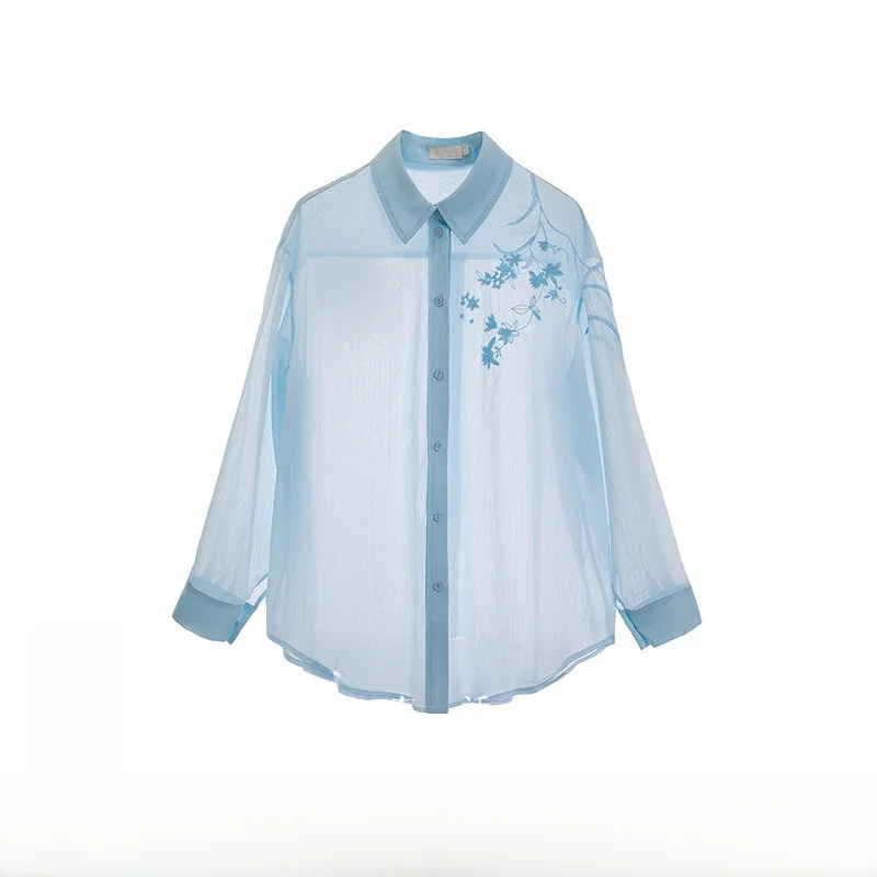 

a Life on the Left Blue Embroidered Texture Slim Fit Shirt Collared Casual Style Spring Summer New Arrival Ruched Detail
