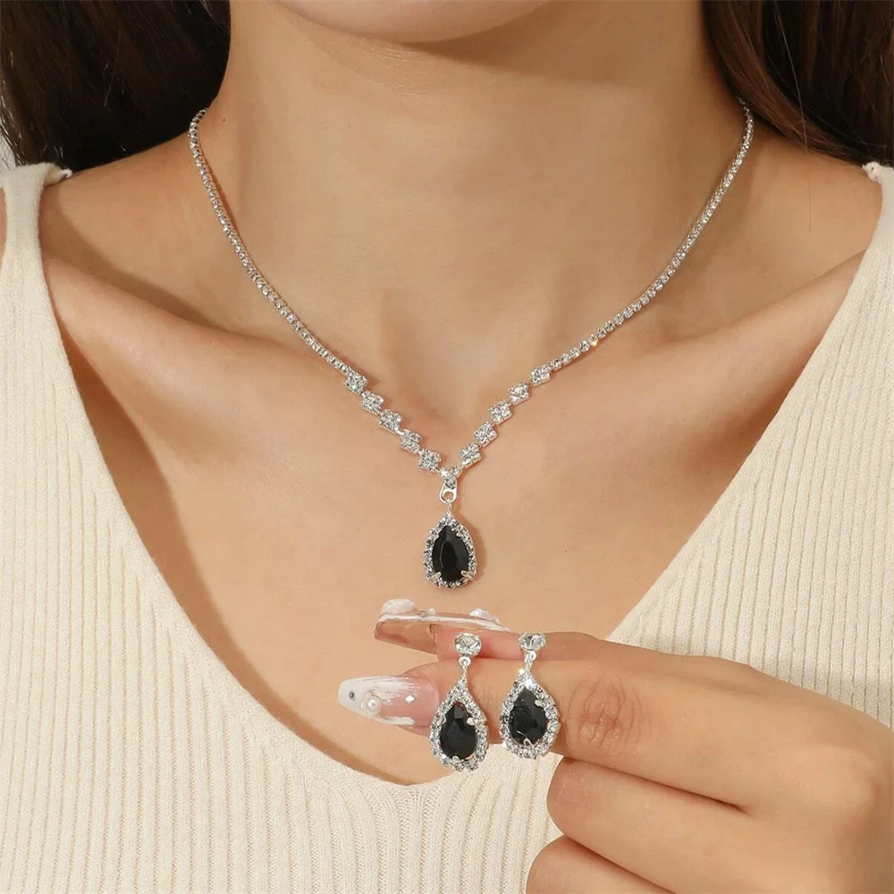 Women's Simple Water Drop Crystal Rhinestone Necklace Earrings Set