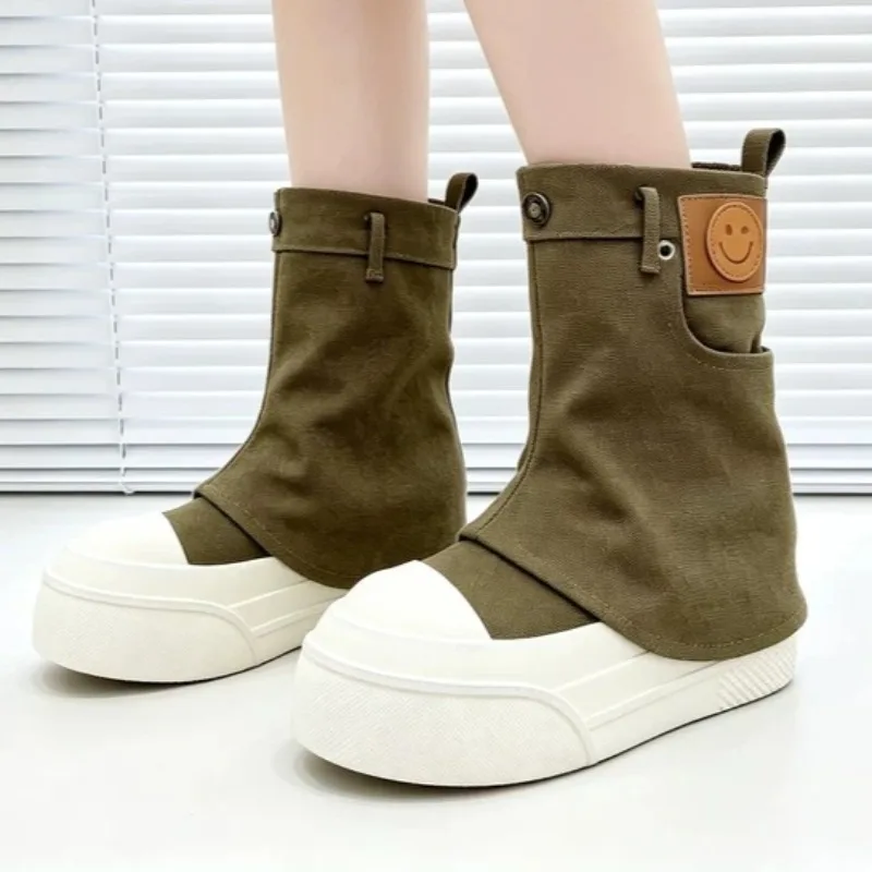 2026 Fashionable Round Toe Thick Soled Non Slip Women's Mid Calf Boots New Fold Cuff Pleated Comfort Outdoor Boots for Women - view 4