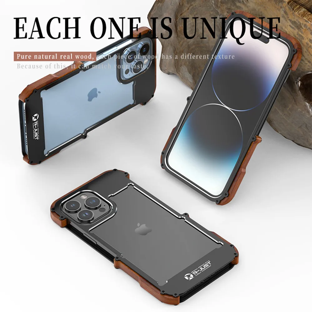 Iron Wood Case for iPhone 14 Pro Max 15 Pro 13 12 11 XS Max XR X Aviation Aluminum Alloy Bumper Metal Cover for iPhone 13 Mini