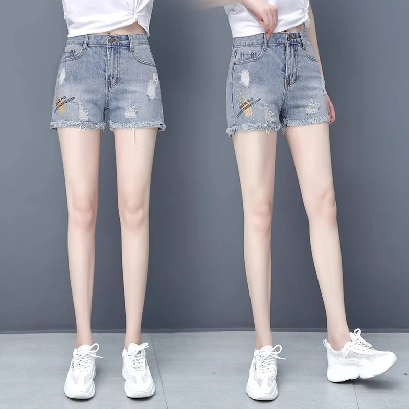 

High Waist Torn Hem Denim orts Women's Summer Thin Wide Leg Hot Pants A-Line Skirt Light Blue Color Jeans Fabric