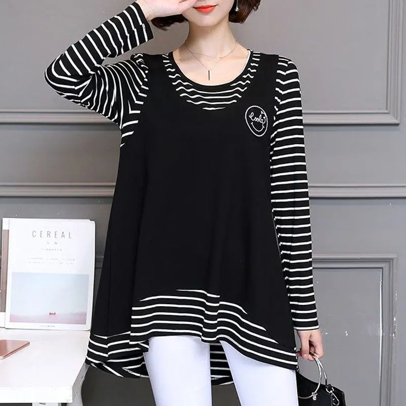 2023 Stylish Fake Two Pieces Striped Pullovers Casual Patchwork Women\'s Clothing Korean Loose Spring Autumn Long Sleeve T-shirt