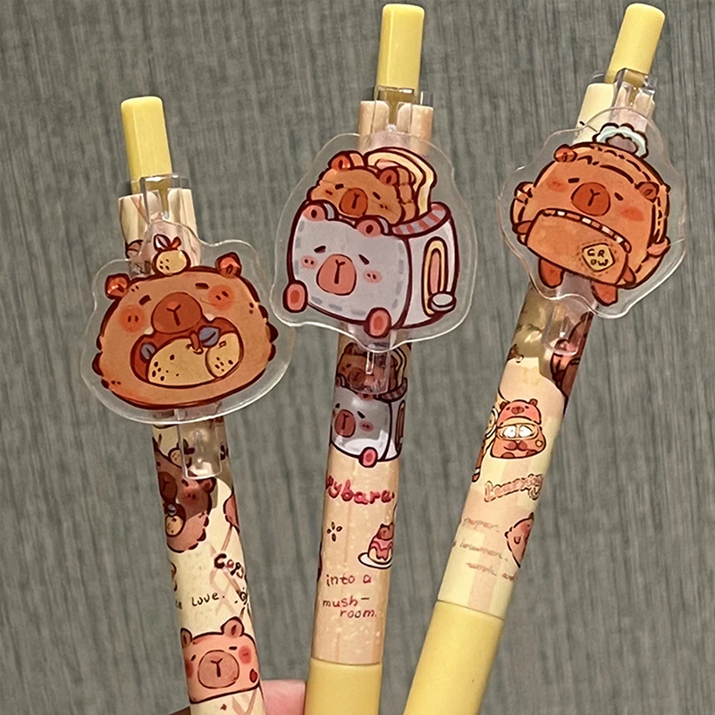 Capivara Pressionando Neutro Gel Pen, Bonito Dos Desenhos Animados, Criativo, Secagem Rápida, Papelaria Estética, Material de Escritório Escolar, Presentes, 3Pcs