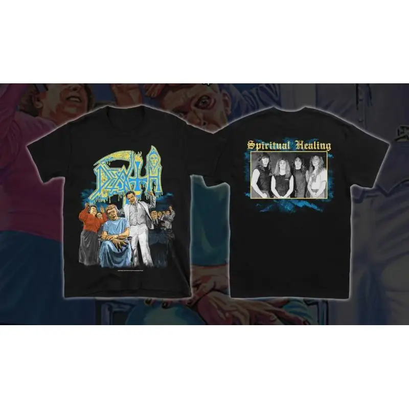 Death Spiritual Healing Blue Text Band Photo Graphic T-Shirt