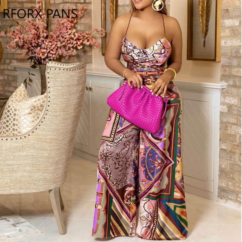 Scarf Print Criss Cross Backless Top & Wide Leg Pants Set Hots Party suits