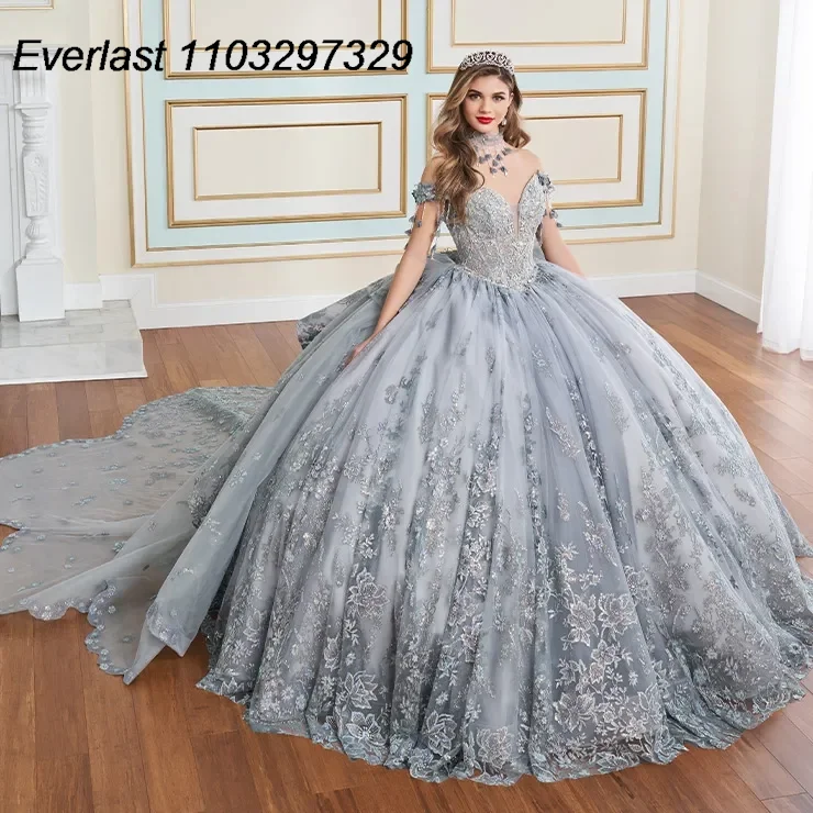 Evlast personalizado lavanda quinceanera vestido de baile renda applique miçangas cabo mexicano doce 16 vestidos de 15 anos tqd841