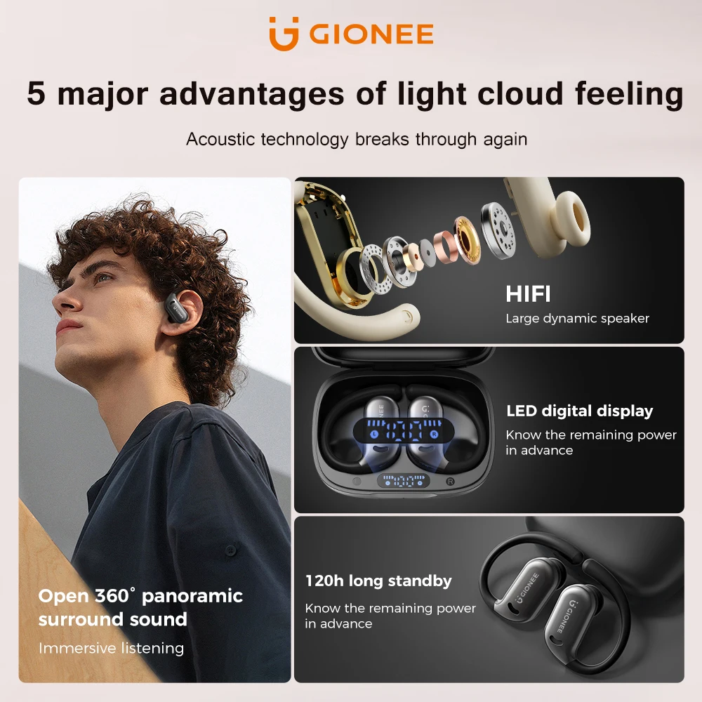 GIONEE-JL039 Open Wireless Headphones, OWS Bluetooth Earphones, HiFi Stereo Headset, Noise Reduction Earbuds with Mic, HD Voice