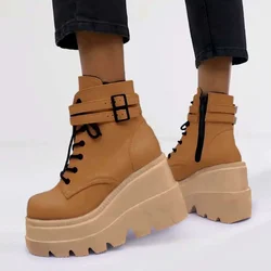 Botas Women Motorcycle Winter Buckle Ankel Boots Women Punk Female Platform Boots Wedges High Heels PU Women Boots Botas Mujer