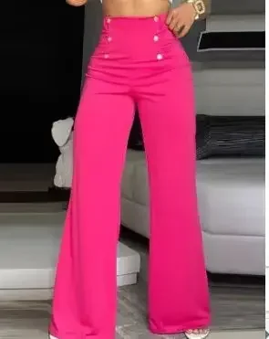 High Waist Wide Leg Pants Women Fashion Versatile Streetwear Elegant Loose Button Decor Slim Trousers of Female 2023 Autumn New