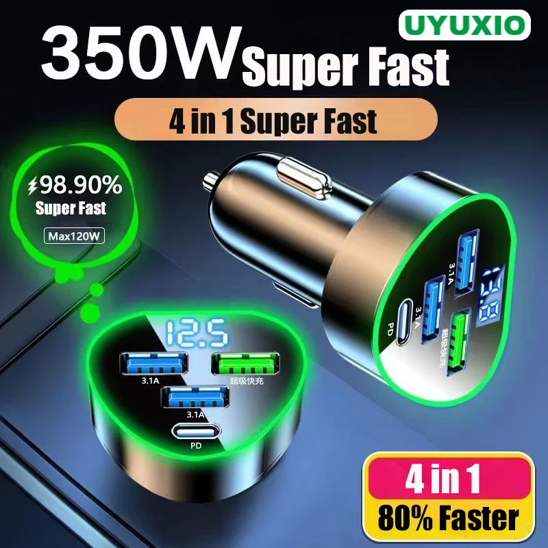 Uyuxio 4 in 1 USB-Auto ladegerät Super-Schnell ladegerät Typ C Telefon adapter im Auto mit Spannungs anzeige für iPhone 15 Pro Max Samsung