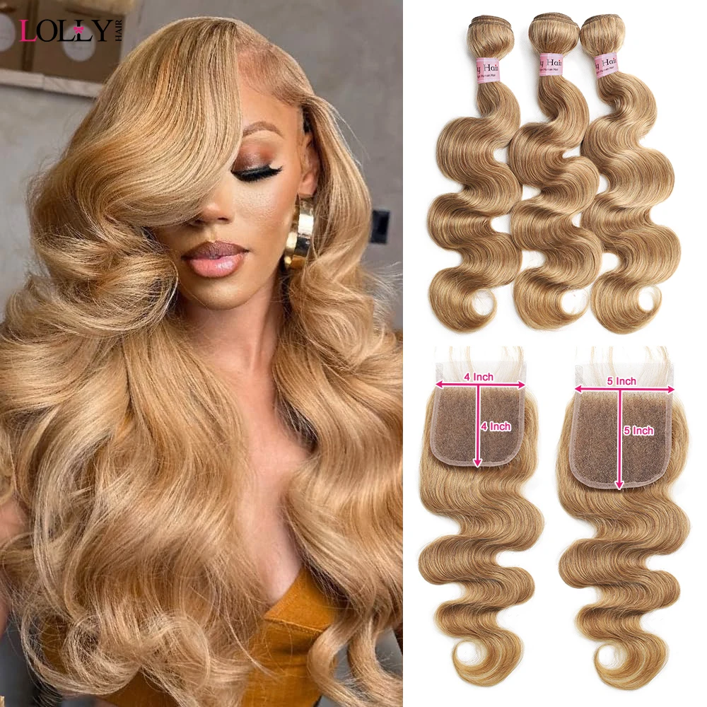 Lolly 27# Honey Blonde Body Wave Bundles With Closure 4x4 5x5 Transparent Lace Closure  Brazilian Remy Human Hair Extensions