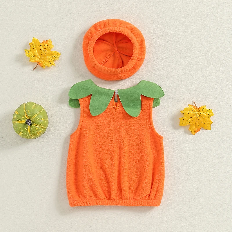 2024-06-13 Lioraitiin Baby Halloween Cosplay Costume Boys Girls Sleeveless Pumpkin Waistcoat Tops & Hat Role Play Outfits