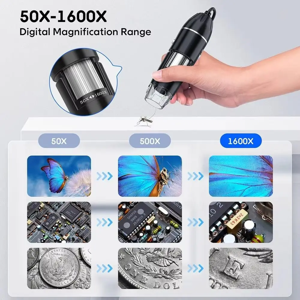 3 in 1 USB Digital Microscope 1600X/1000X/500X Portable Portable Inspection Camera Multi-use 500/1000/1600LED Lights
