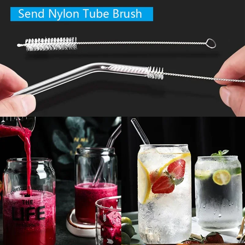 1-10Pcs Glass Straws Eco Friendly Reusable Drinking Metal Straw with Brushes Smoothies Milkshake Cocktails Party Bar Accessory