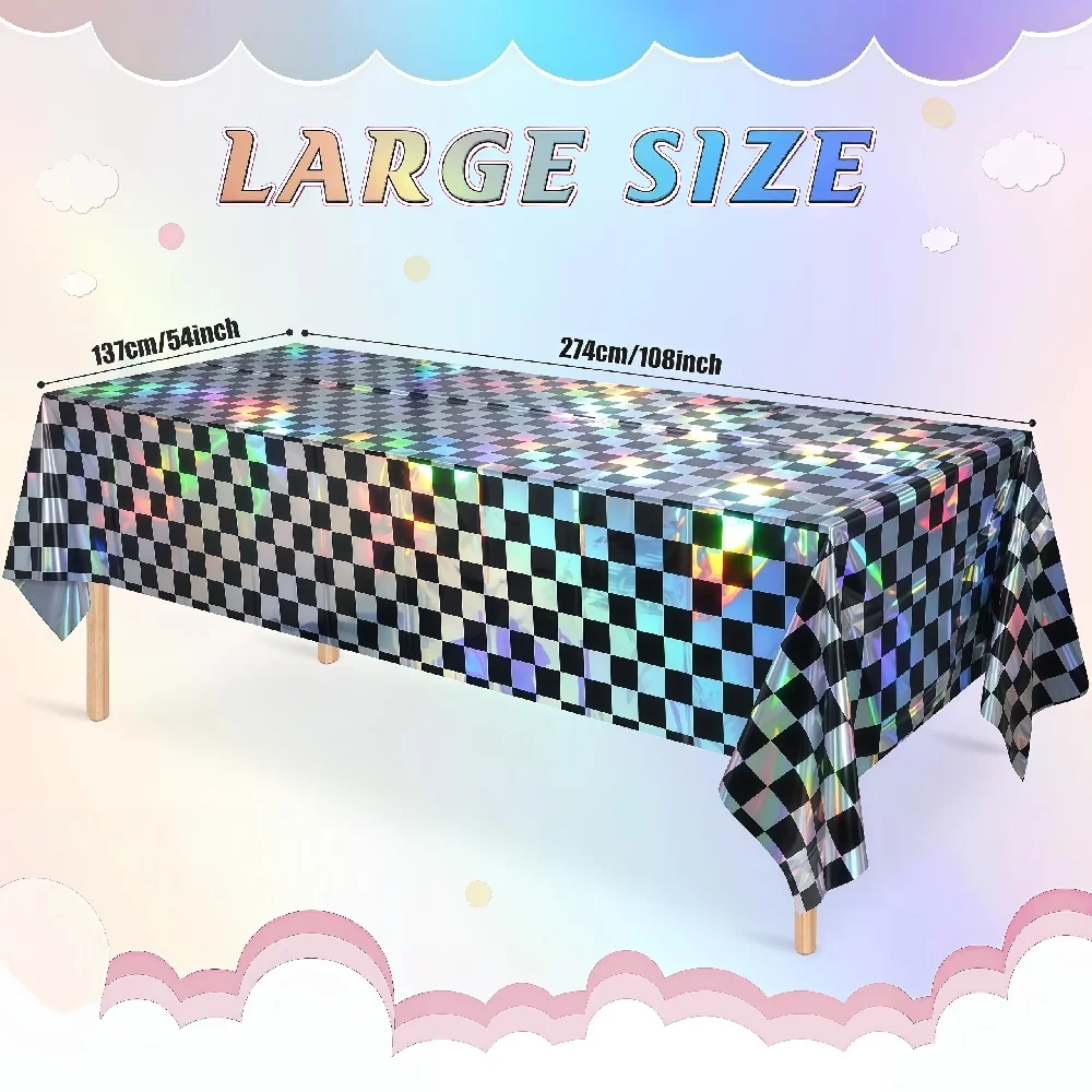 1PC Classic Black Checkered Table Cover, Sparkle Disposable Table Cloth for Birthday Racing Retro Party Decorations