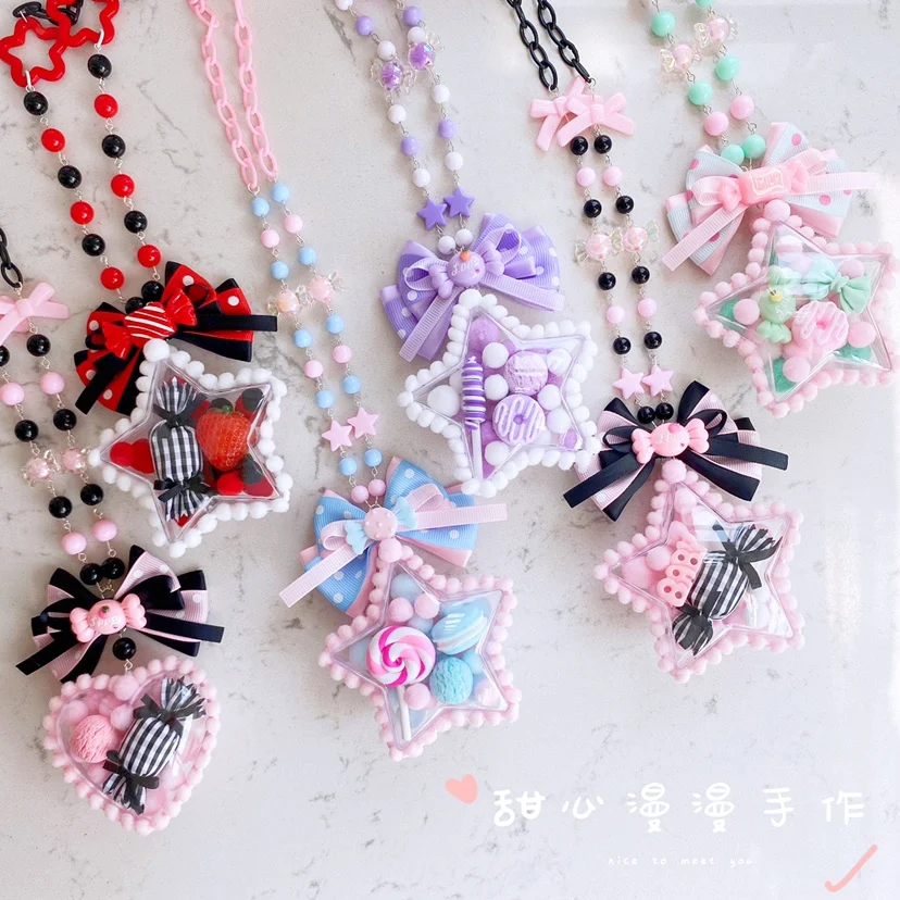 Original Handmade Lolita Sweet Tie Necklace Loving Heart Five Pointed Star Colour Ball Candies Pendant JK Sweater Chain