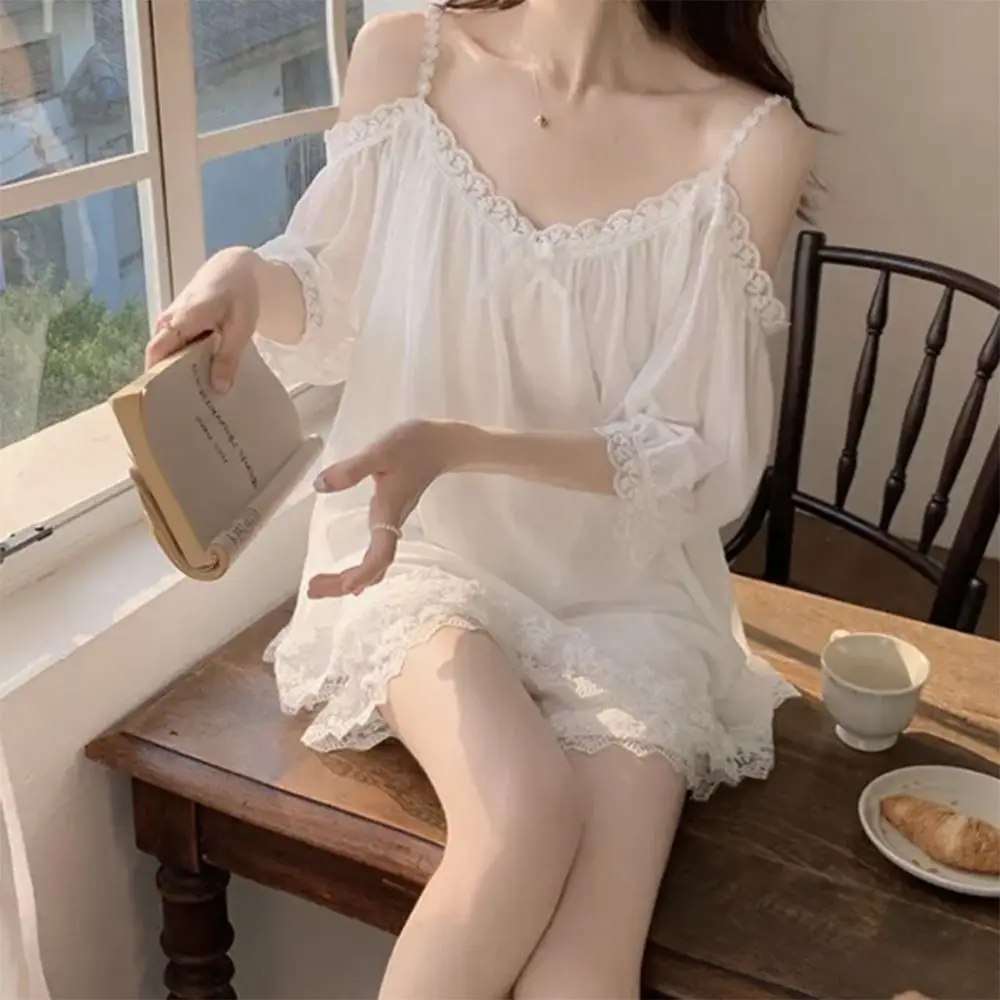 Soft Women Mesh Pajama Set Elastic Nightwear Suspender Shorts Pajama Suit Hollow Out Off Shoulder Women's Sleepwear Sets