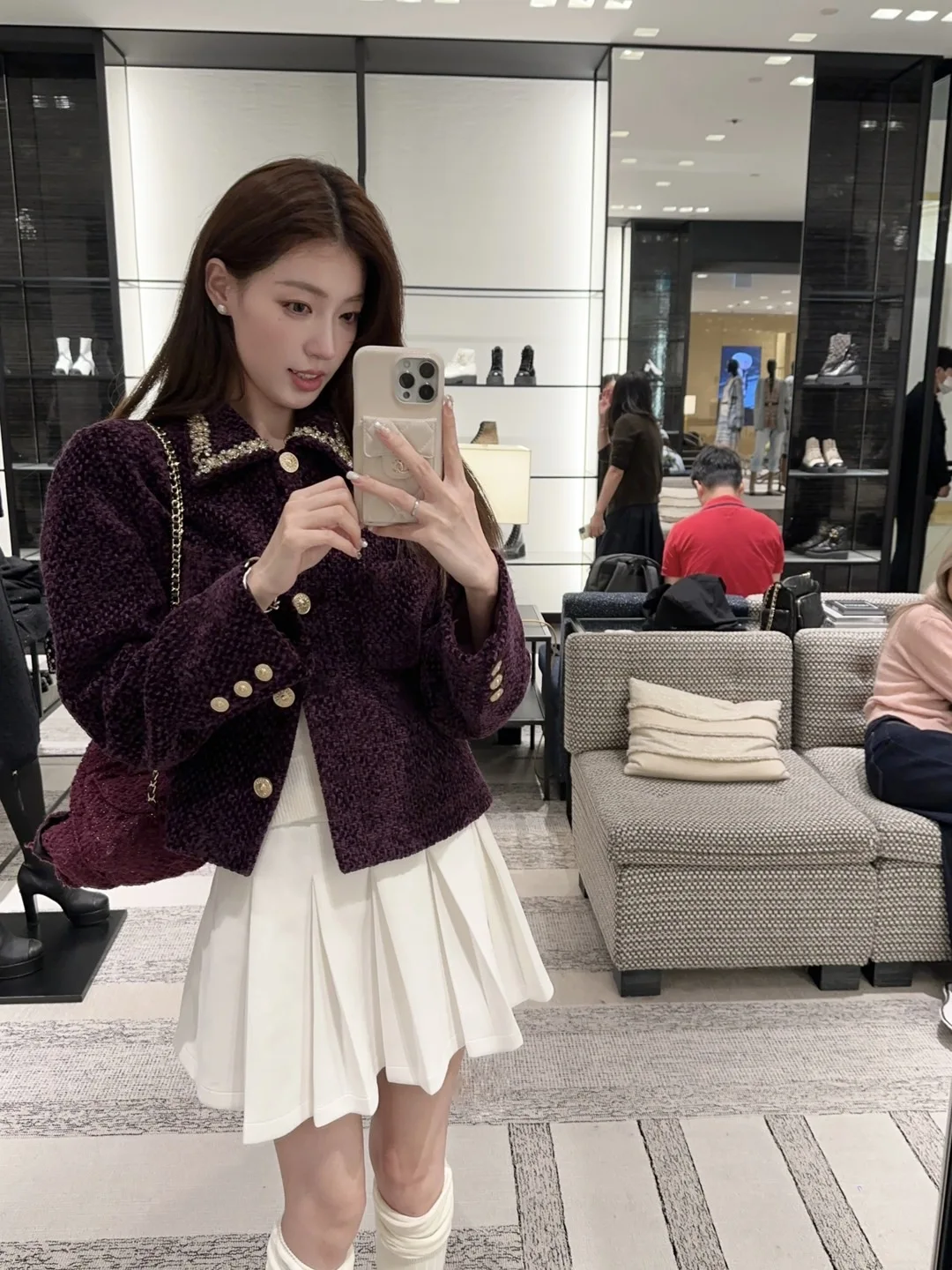 

Ele Purple Velvet Jaet Vest Skirt Set Korean Sle Rich Girl Outfit Gold Trim Long Sve Button up Faionable Ensemble