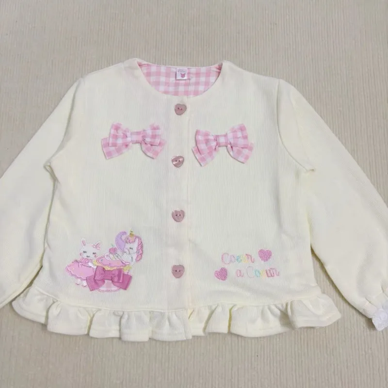 Women Japanese Sweet Cute Bow Embroidery Cardigan Early Autumn Kawaii Cartoon Long Sleeve Coat Casual Fashion Slim Tops New