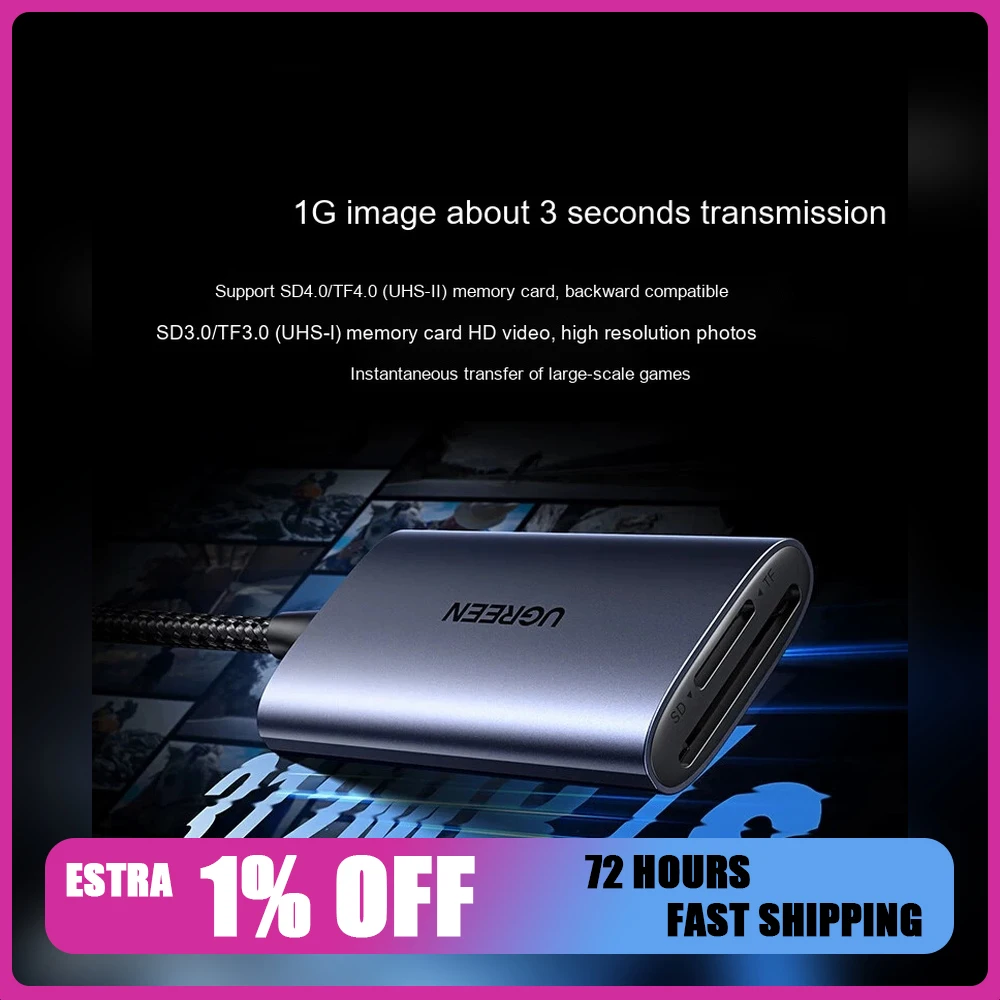 UGREEN 35148 CM401 USB-C USB 3.2 SD TF 4.0 Card Reader 312MB/s Dual Card Simultaneous Read UHS-I UHS-II