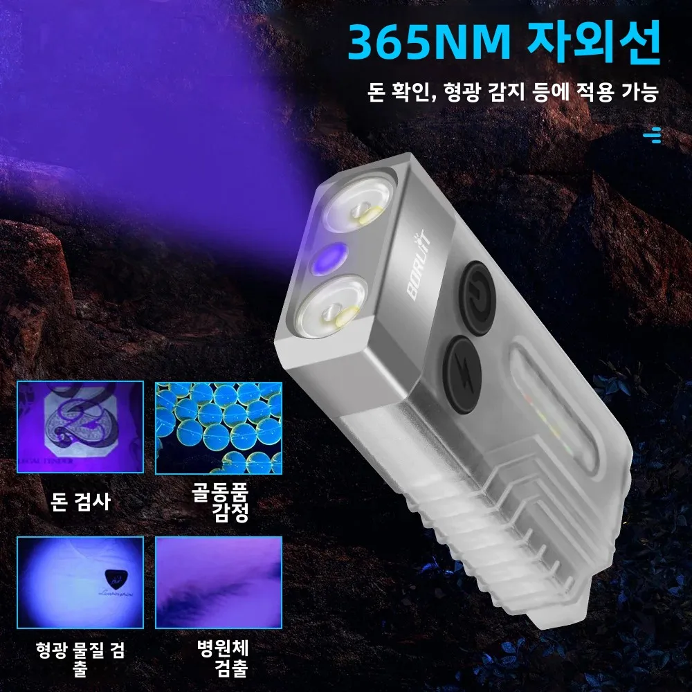 BORUiT V10 EDC Keychain Flashlight Portable Mini Torch Type-C Rechargeable Work Light With Magnet UV Beep Camping Pocket Lantern